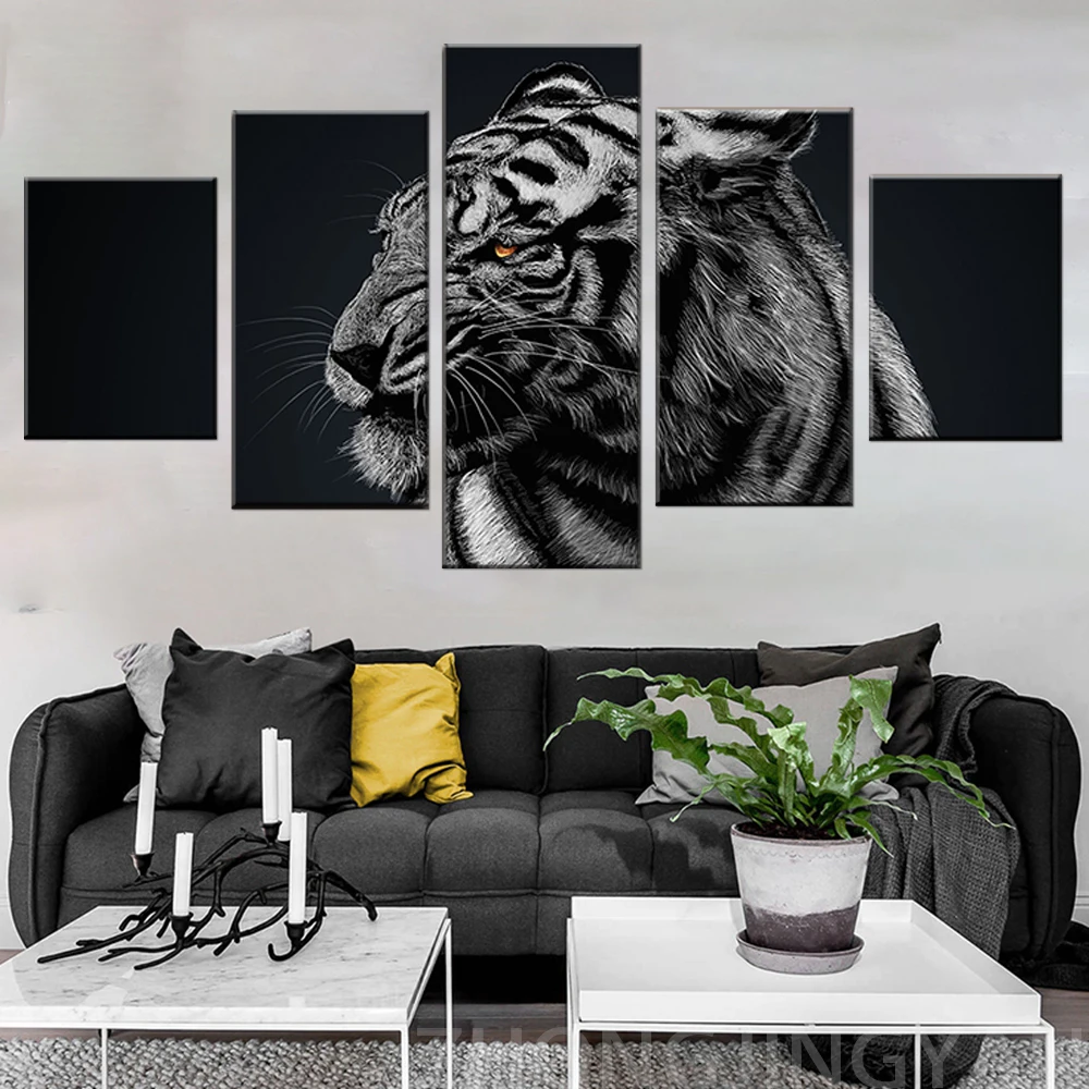Современные холщовые картины HD печатные настенные 5 шт. лес животные тигр