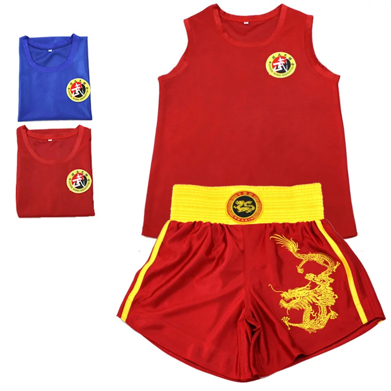 

08 Kick Boxing Uniforms Tank+Shorts MMA Muay Thai Boxing Suits Man Sanda Kungfu Wushu Suits Kids Boxing Wushu Clothes