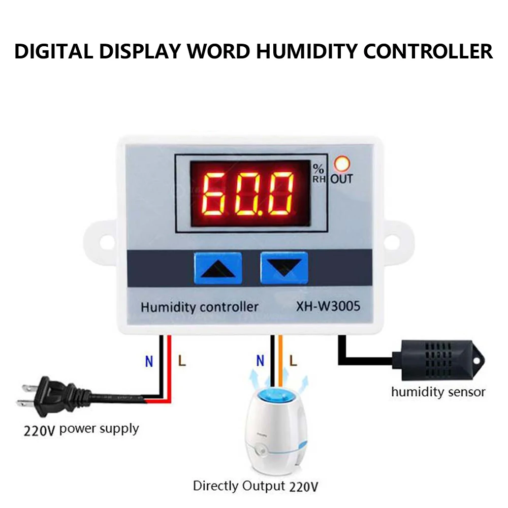 

W3005 Digital Humidity Controller LED Display Humidity Control Switch Regulator Hygrostat Sensor 0~99%RH 12V 24V AC 110V-220V