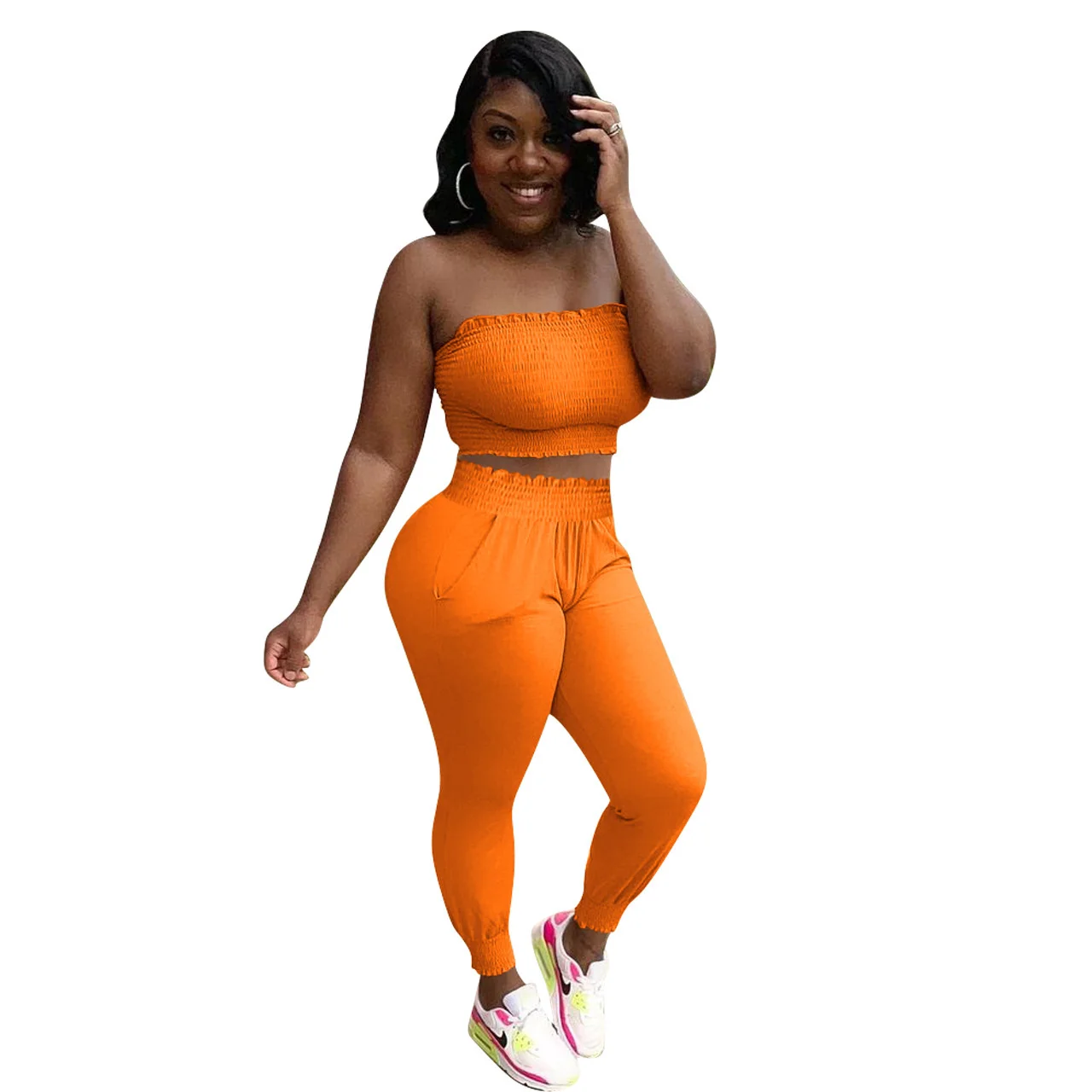 

Casual Solid Two Pieces Set Pleated Strapless Tops Pants Set Summer Office Lady Skinny Women Pant Set