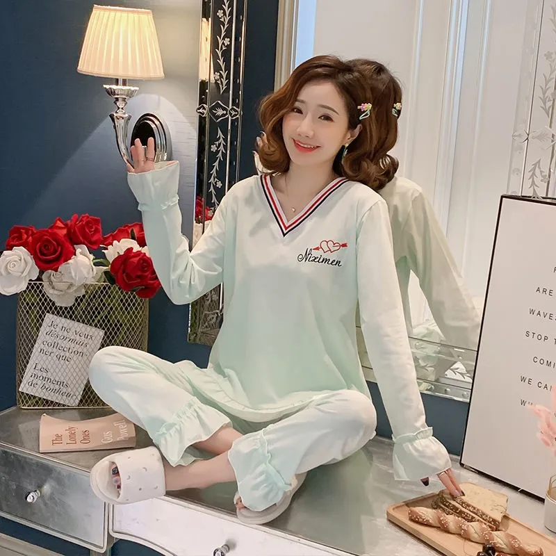 2021 Autumn Spring Air Conditioning Room New Women's Pajamas Set Korean Version Loose Long Sleeve Nightwear Casual Home Wear