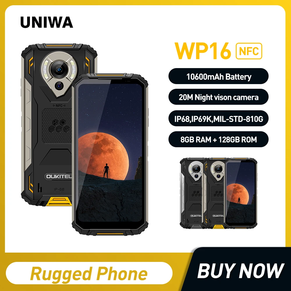 

Oukitel WP16 NFC Rugged Smartphone 6.4" 8GB + 128GB 10600mAh Octa Core Mobile Phone 20MP Camera Helio P60 Cell Phone Unlock