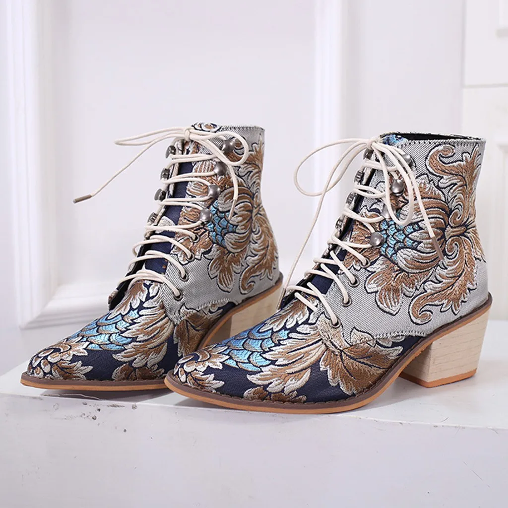 Зимние женские ботильоны сапоги в этническом стиле с острым носком на шнуровке