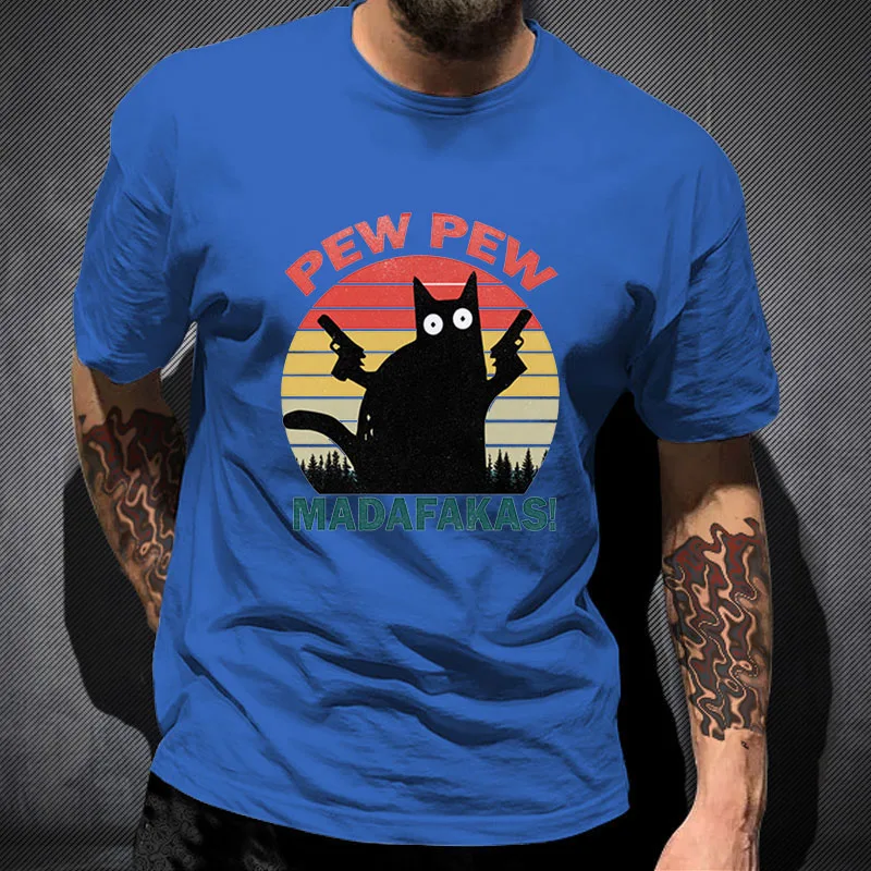 

cat-pew-pew-madafakas-vintage-shirt 100% Cotton T Shirt Novelty Funny Cat Vintage Crew Neck Men's T-Shirt Humor men Top Tee Gif