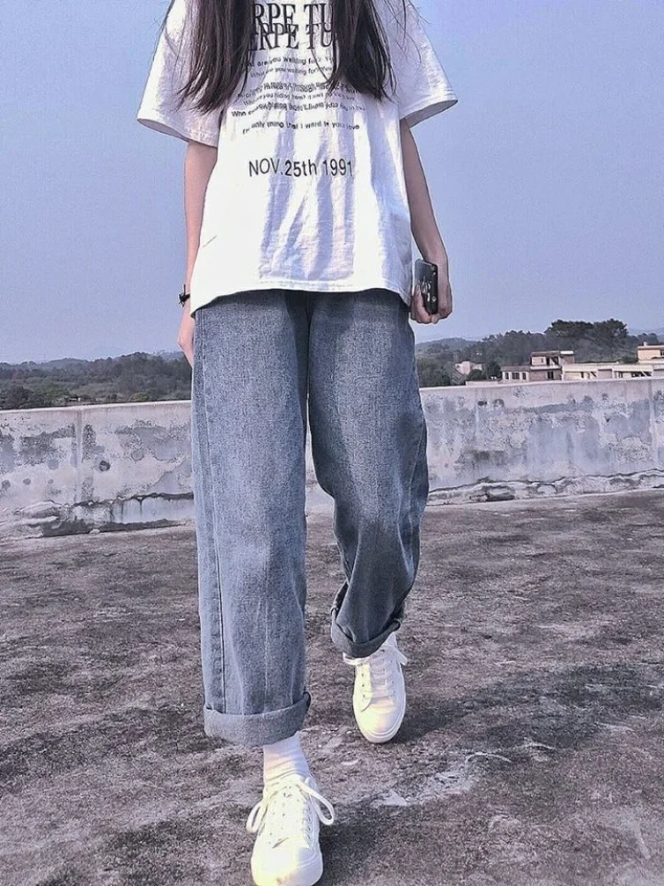 

Women Summer Denim Solid High Waist Loose Casual Straight Streetwear Lady Trouser Vintage Long Pant Mom Jeans Pants