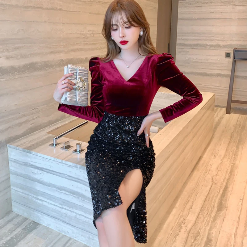 

new arrival fashion korean spring midi party dress women OL temperament vintage puff sleeve velvet sequined slim pencil dress