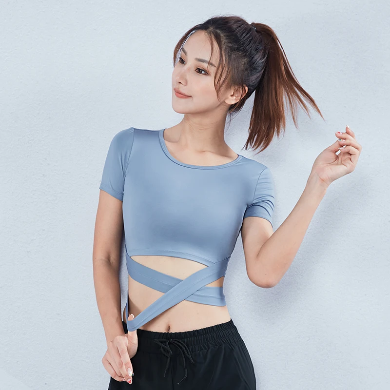 Brand 2020 Women Workout Yoga Shirts Cross Straps Gym Tights Nylon Spandex Sports Crop Tops for Female Fitness Excise