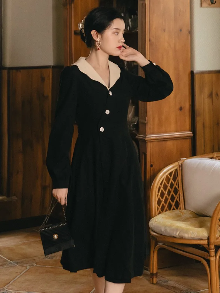 

Женское платье с длинным рукавом, Элегантное повседневное платье в стиле ретро, с отложным воротником, маленькое шикарное цельнокроеное пл...