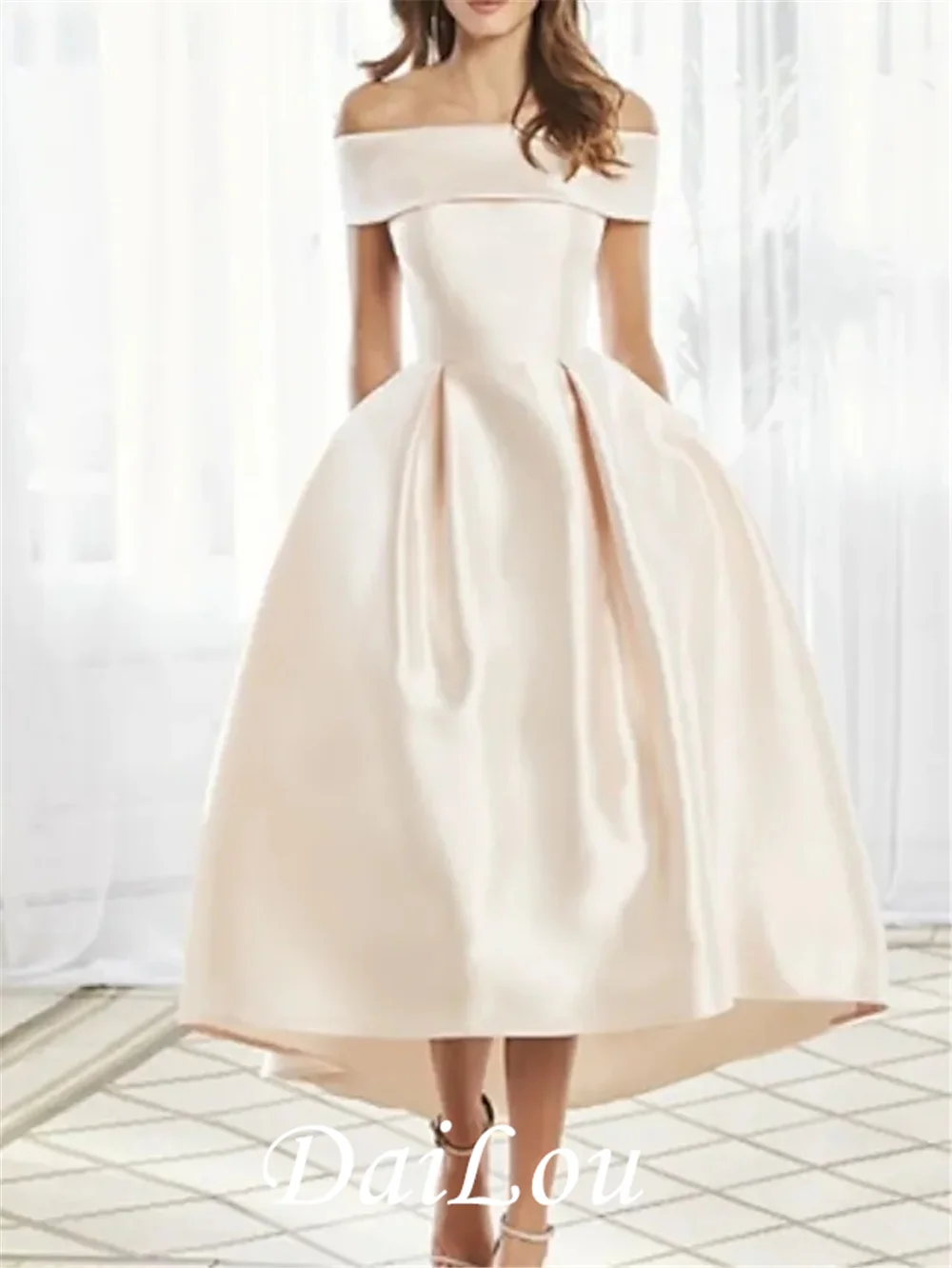 

Платье атласное ТРАПЕЦИЕВИДНОЕ для матери невесты, с открытыми плечами и коротким рукавом, со складками, до щиколотки, 2021