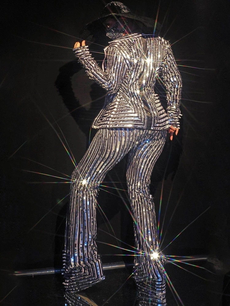 Сценическая одежда костюм певицы пальто в серебряную полоску комбинезон