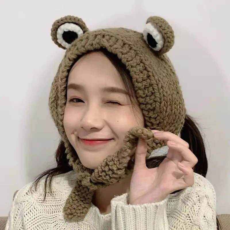 

Women Men Cute Frog Eyes Weave Knitted Skullies Beanie Hat Solid Color Chunky Crochet Harajuku Winter Warm Earflap Cap Photograp
