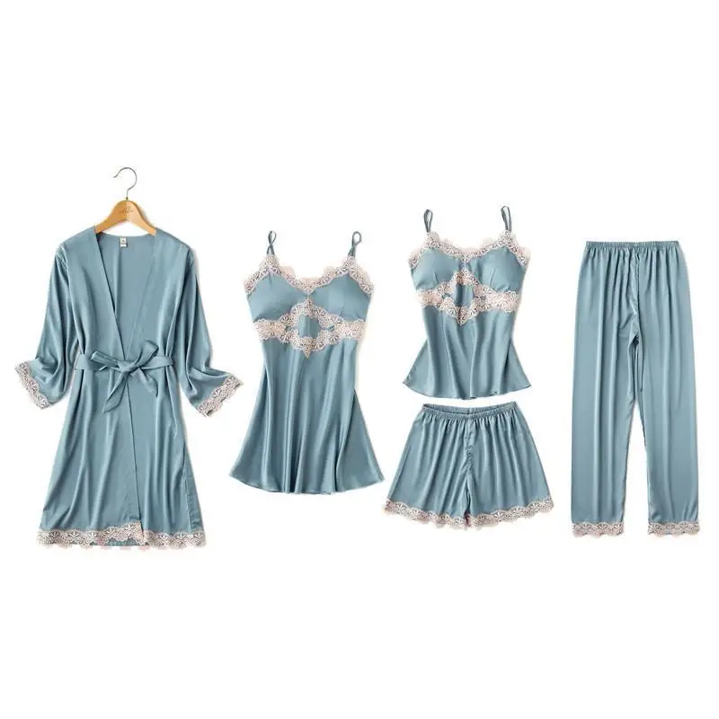 

Satin Summer Nightwear Sexy Women Wedding Robe Set Home Clothing Intimate Lingerie Casual 5PCS Kimono Bathrobe Gown Sleepwear