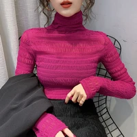sexy women see through transparent mesh fashion tops long sleeve shirt sheer slim ladies turtleneck lace pink crop top y2k