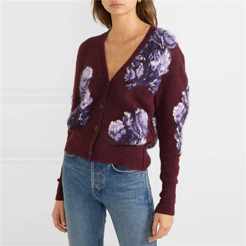 Женский жаккардовый вязаный кардиган однобортный Укороченный с v образным