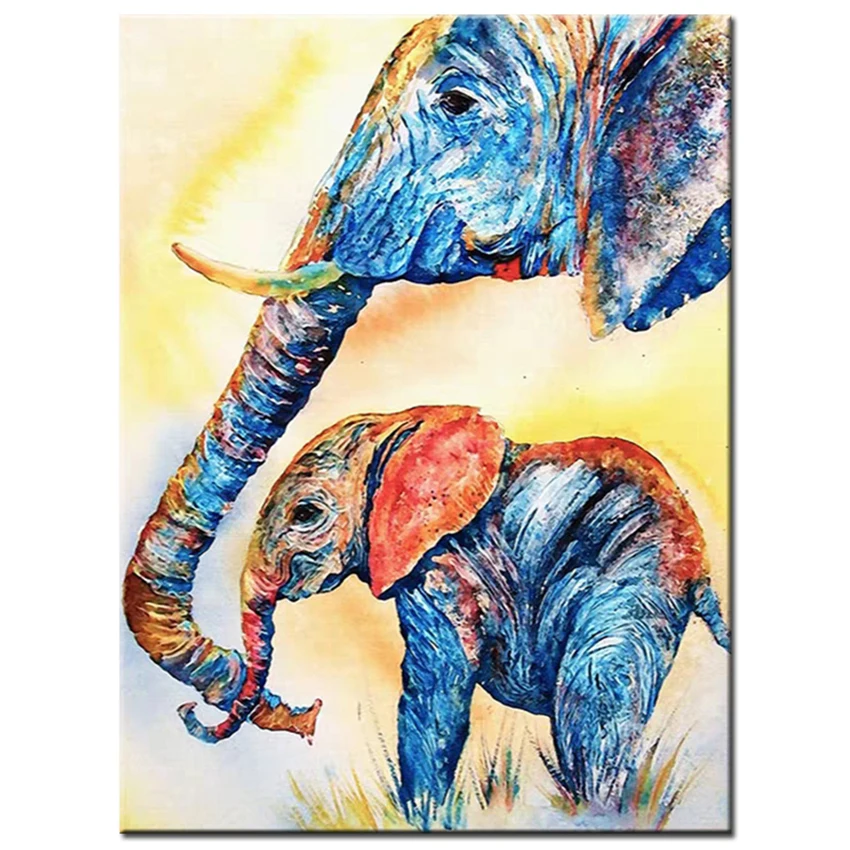 African Family Elephant Picture Handmade Animal Head Oil Painting Canvas Wall Decor Art Showpiece For Kids Bedroom | Дом и сад