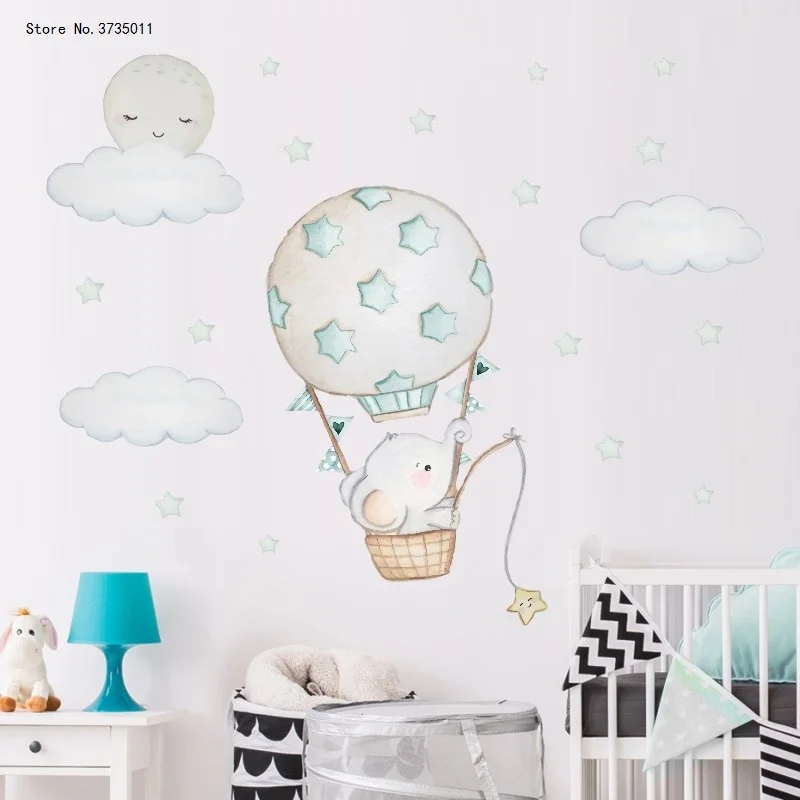

Cartoon Hot air balloon Elephant Wall Stickers for Kids rooms Baby room Nursery Wall Decor Vinyl Wall Decals Clouds Stars Moon