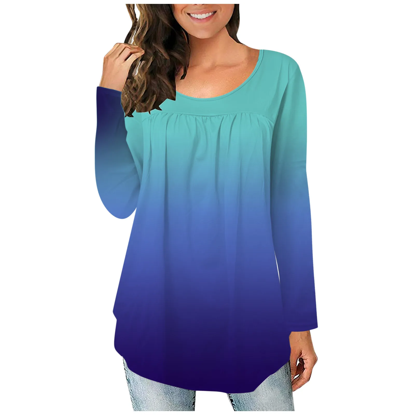 

Gradient Color Green To Bule Blouses Women's Casual Round Neck Pleated Stitching Chic Lady Clothing Gradient Long-sleeved Top