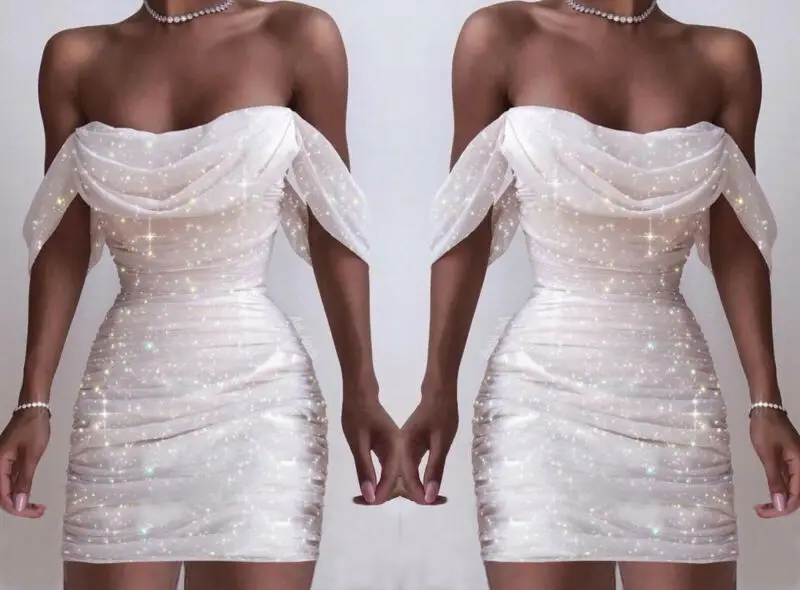 Женское вечернее платье макси с V-образным вырезом открытыми плечами и блестками