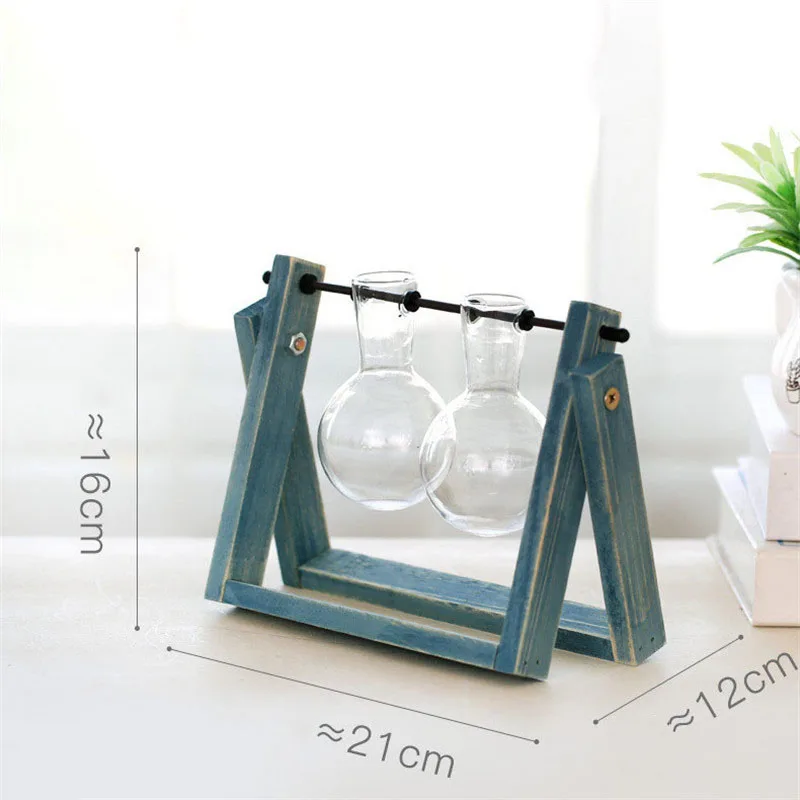Blue-Double vase Высококачественный деревянный стенд стеклянный террариум контейнер Гидропоника цветочный горшок для выращивания растений настольная ваза DIY домашний офисный, Свадебный декор - Цвет: Blue-Double vase