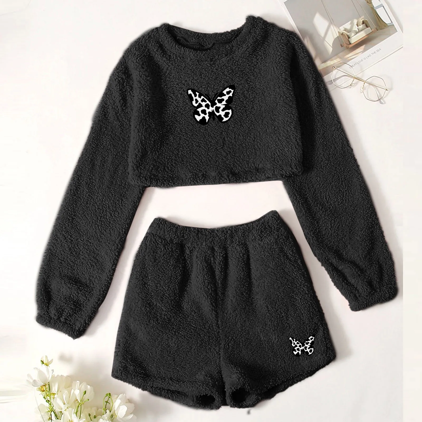 Пижамный комплект Женский мягкий хлопковый пуловер с длинным рукавом круглым