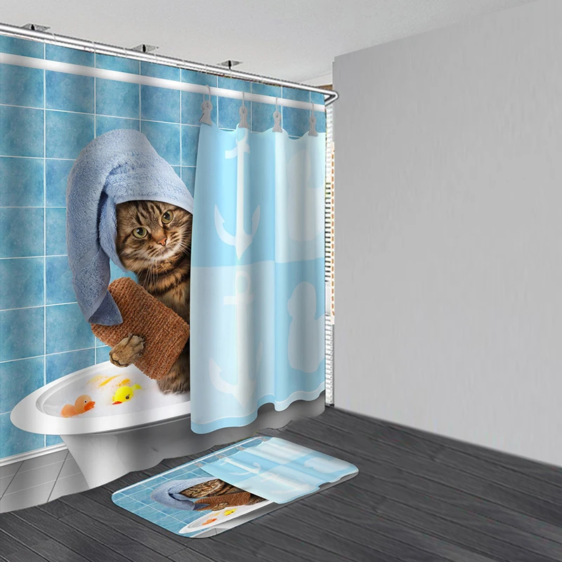 Занавеска для душа с принтом милого кота водонепроницаемая шторка из полиэстера