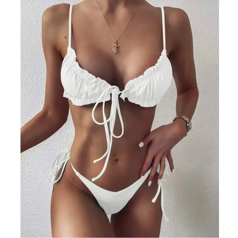 

Swimwear Women Summer Halter Lace Up Bow Push Up Padded Bra Micro Bikini Sexy Bikini 2020 Thong Two Piece Set Beachwear KZ086