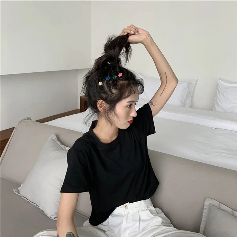 

Solid Color Short-Sleeved Top for Women Summer 2021 Navel Internet Celebrity Pure T Short T-shirt Ins Trendy Chic Elegant