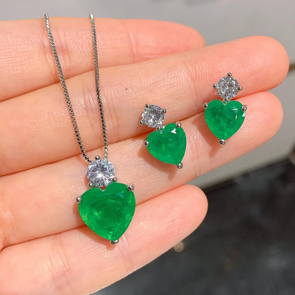 

Luomansi Emerald Jewelry Set 925 Silver Heart Shape Pendant Necklace Nut Earrings Woman Gift Party Boutique