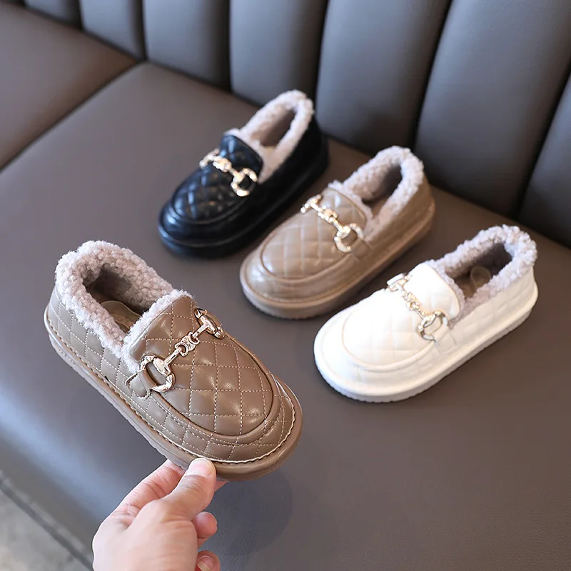 Zapatos de piel de invierno para ni&ntilde;os, mocasines de terciopelo para ni&ntilde;as peque&ntilde;as, c&aacute;lidos, planos, de marca, mocasines de princesa con hebilla-0