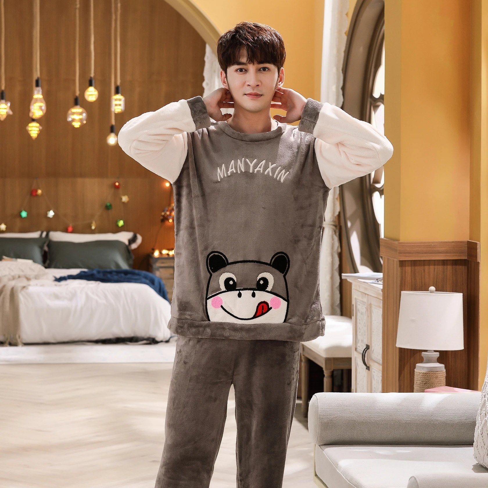 Пижама Mujer зимняя Фланелевая для пары комплект с круглым вырезом размера плюс