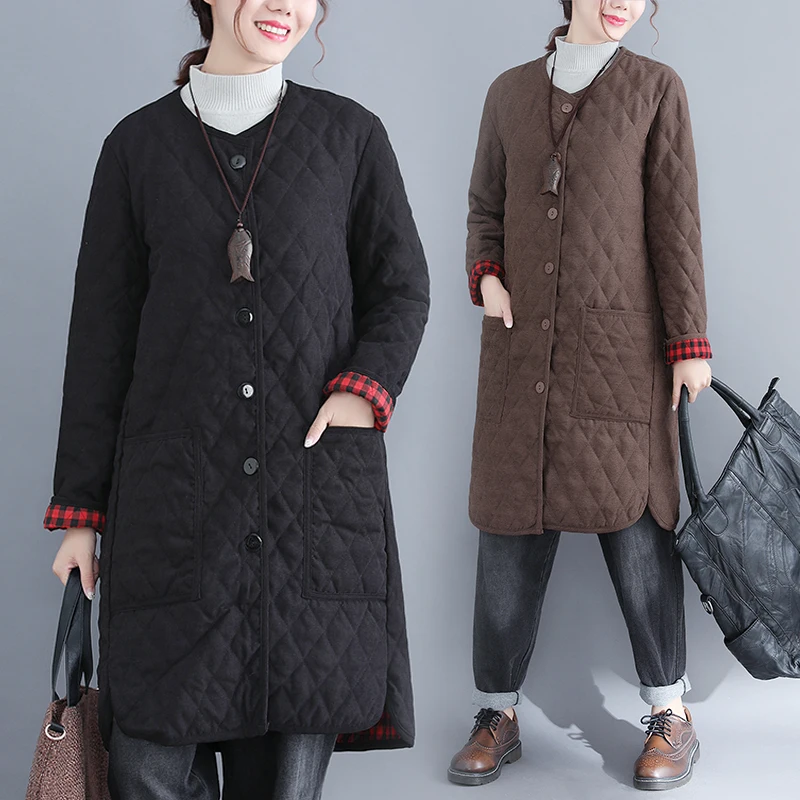 Женское хлопковое пальто свободное винтажное с длинным рукавом на осень и зиму