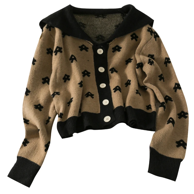 

autumn contrast stitching printed vintage cardigan sweater women 2021 new lapel long-sleeved short knitted top cardigans sweater