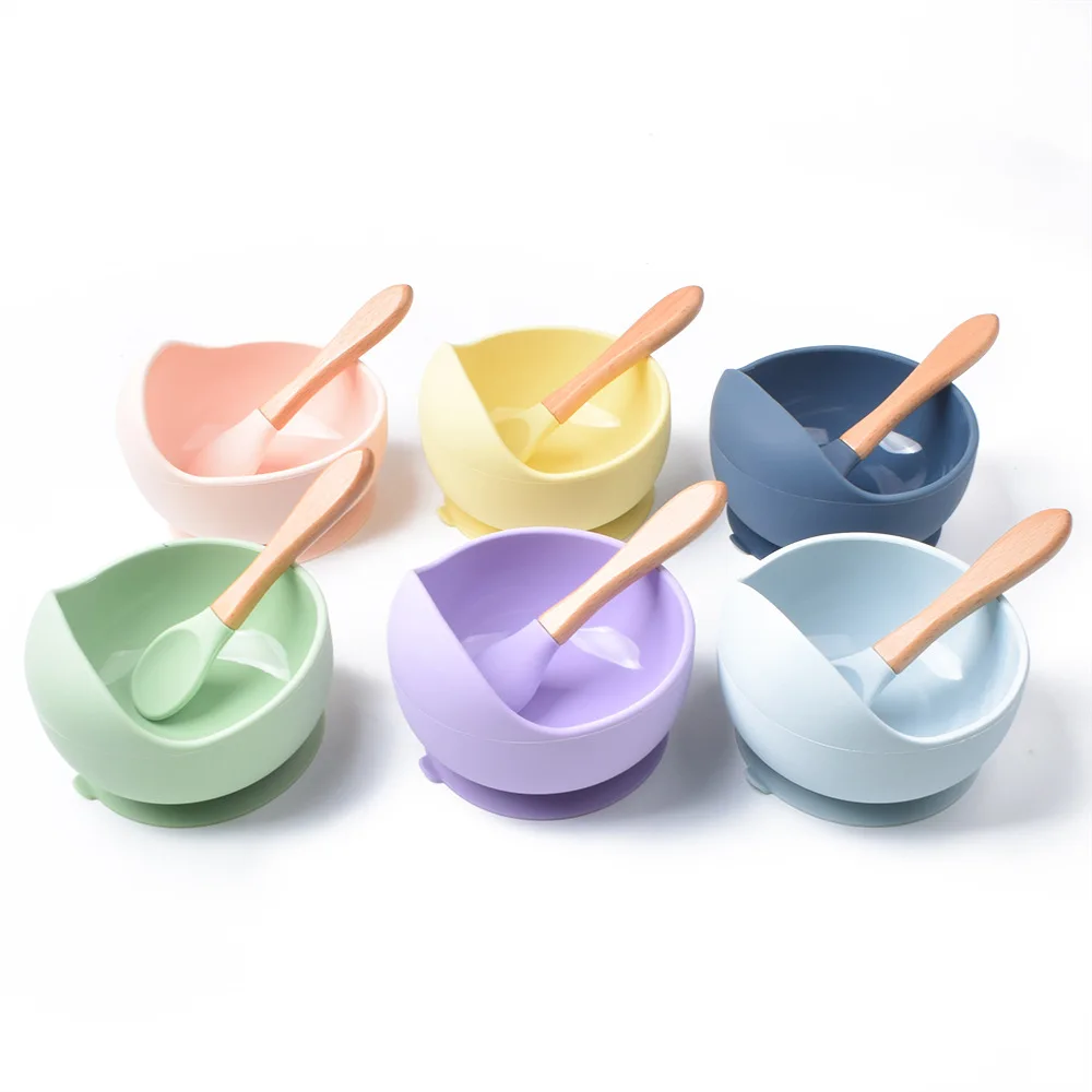 

28 Colors BPA Free Food-grade Silicone Anti-fall Feeding Baby Bowls Spoons Set Baby Plate Can Be Microwaved Eating Training