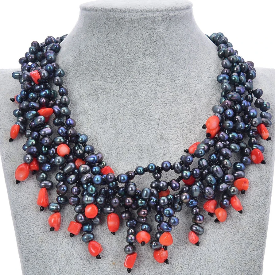 

HABITOO Ethnic 18 Inch 4 Strands Natural Baroque Black Freshwater Pearl Red Coral Shell Flower Clasp Necklace Women Party Gift