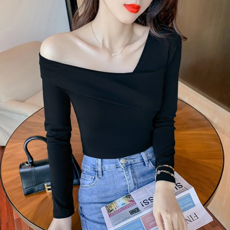 

#8684 Black White Green Red Womens Tshirt Cotton Skew Collar Sexy Club Short Tshirt Female Skinny Woman T-shirts Solid Color