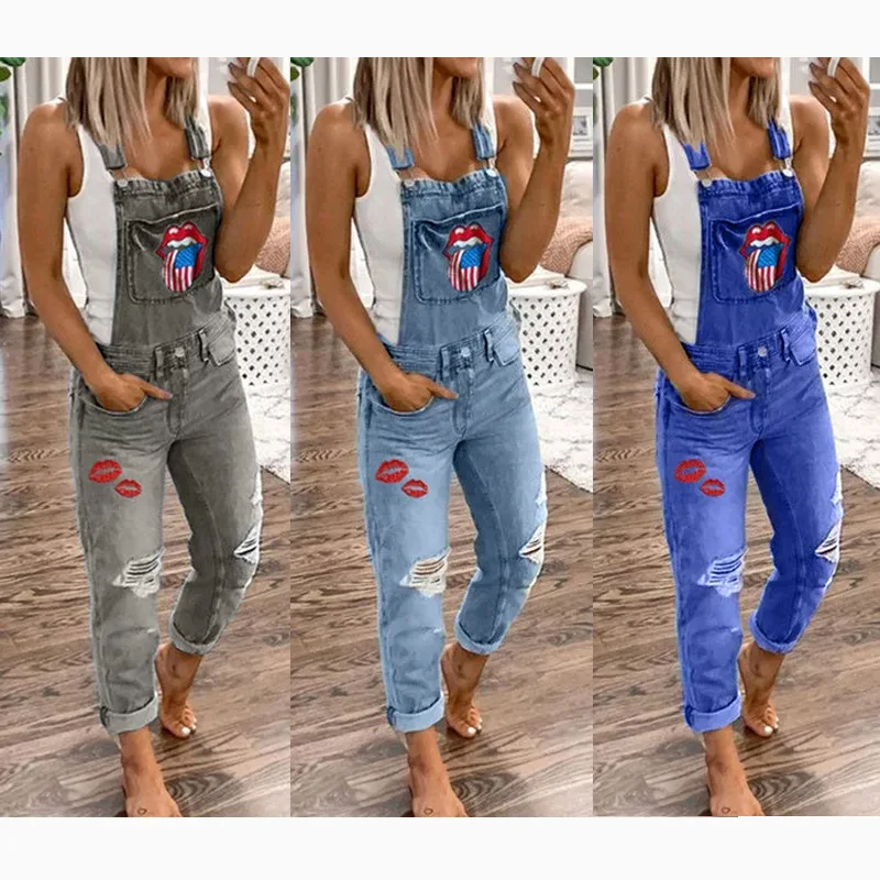 

Lugentolo Jean Overalls Women Plus Size Summer Fashion New Pockets Washed Hole Cotton Casual Fashion Mom Jeans