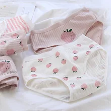 Bonito doce menina algodão antibacteriano cueca rosa xadrez morango impressão calcinha respirável mid cintura pacote hip briefs (2)
