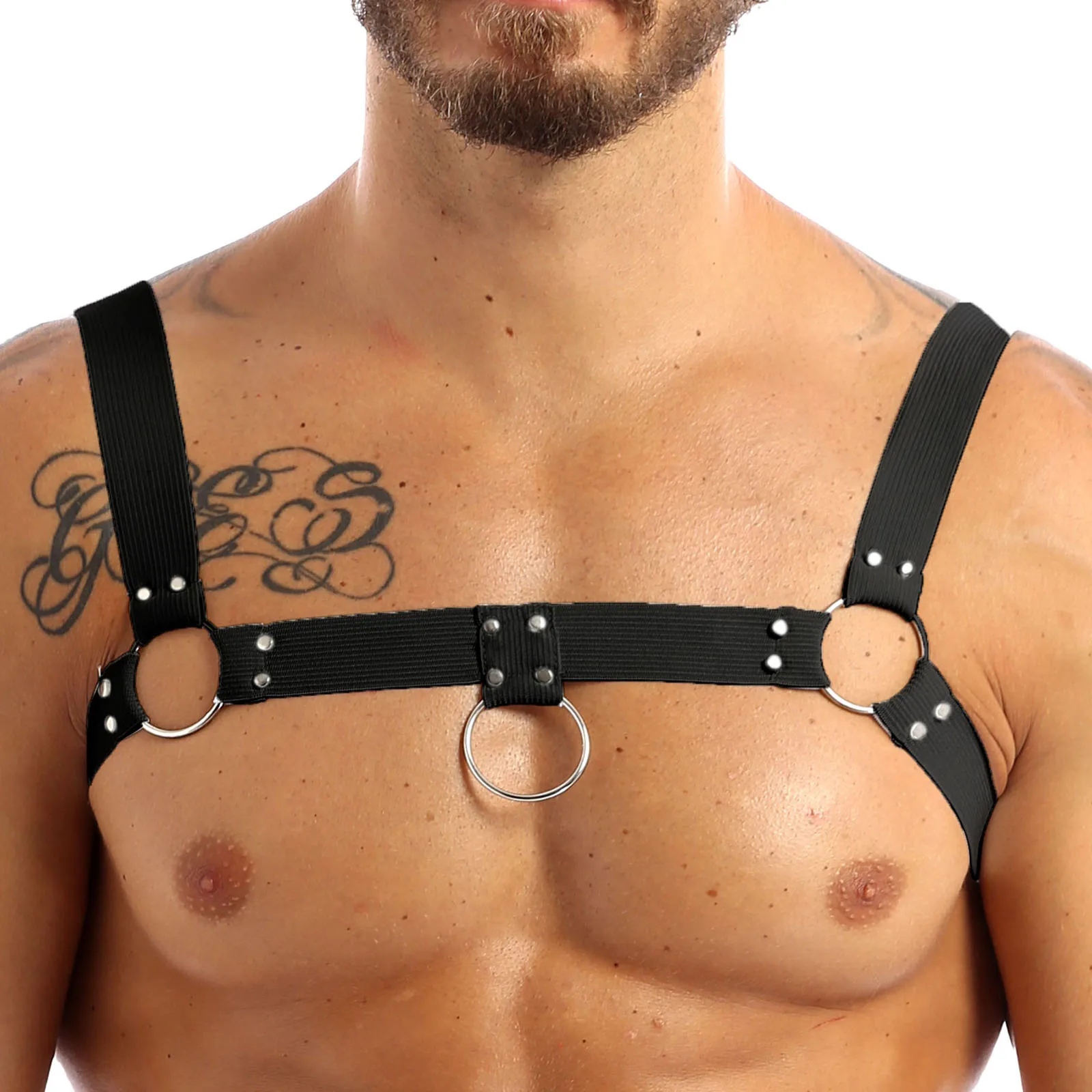 

Mens Sexy Elastic Wide Shoulder Chest Muscle Harness Belt with Metal O-rings and Rivets Fancy Club Party Costume Strap Accessory