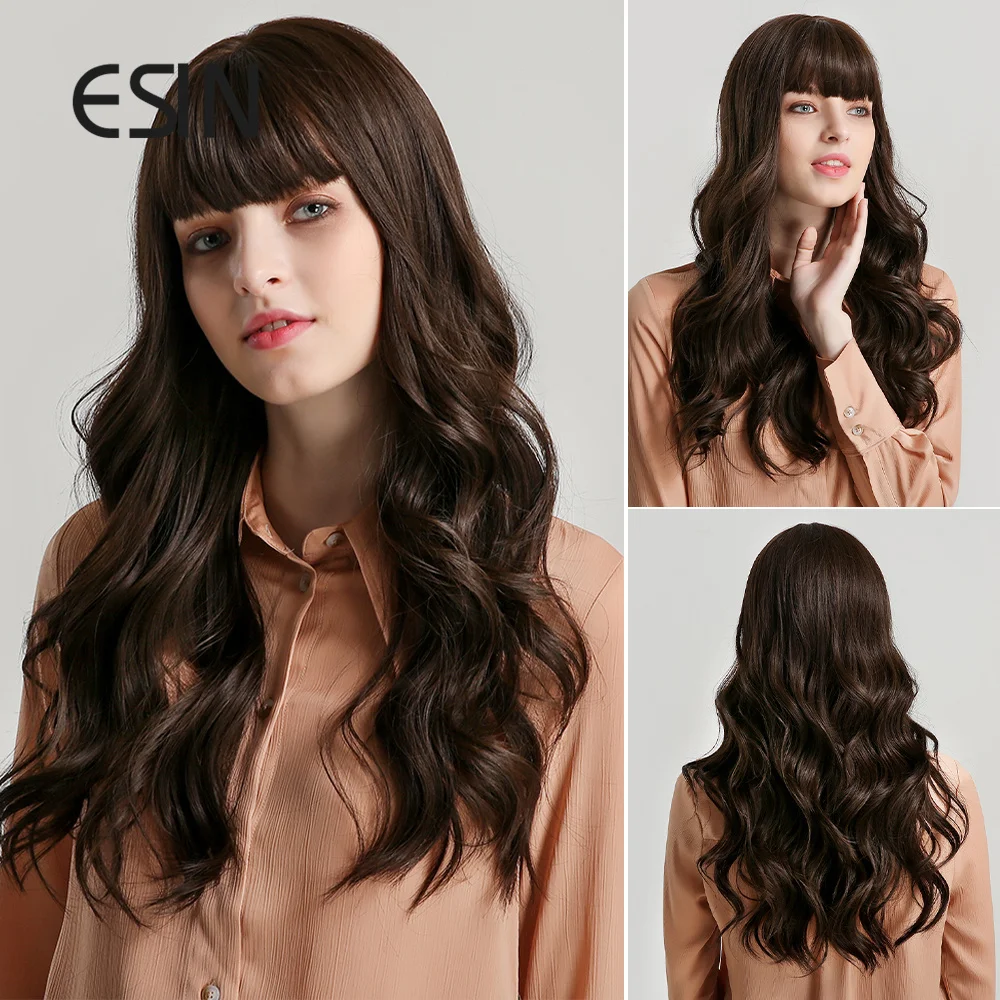ESIN черные длинные волнистые парики с челкой для вечерние натуральный