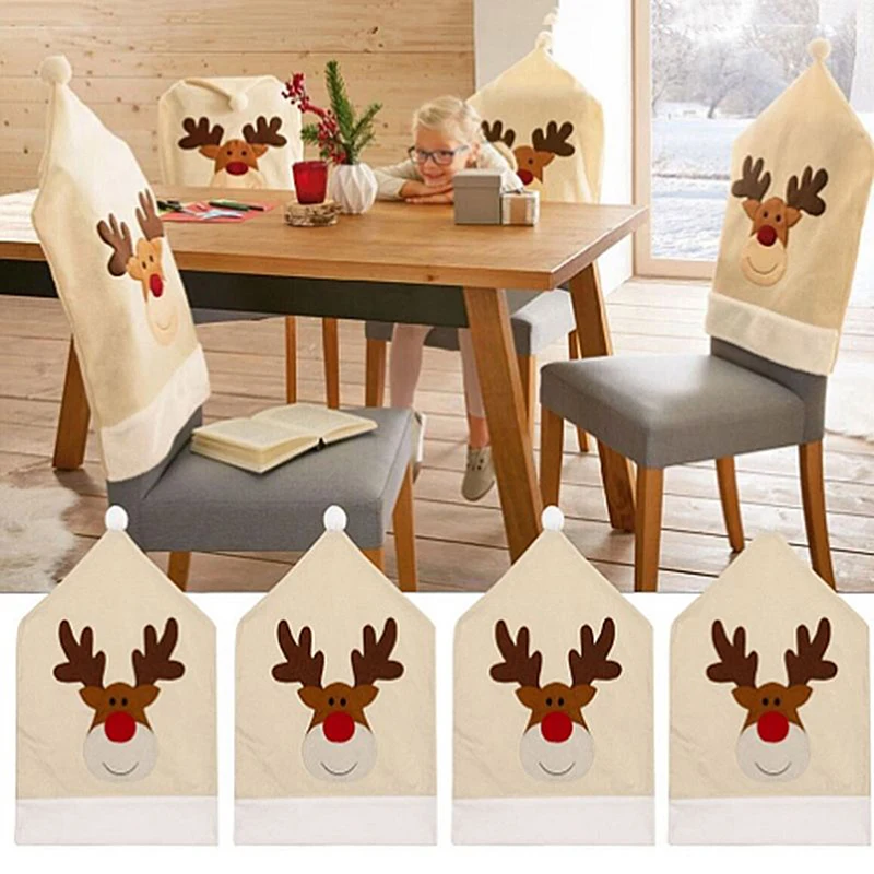 

Модный Рождественский обеденный стол для вечеринки, красная шляпа, чехлы на спинку стула, чехол на стул с оленем, чехол на стул с оленем, Рожд...