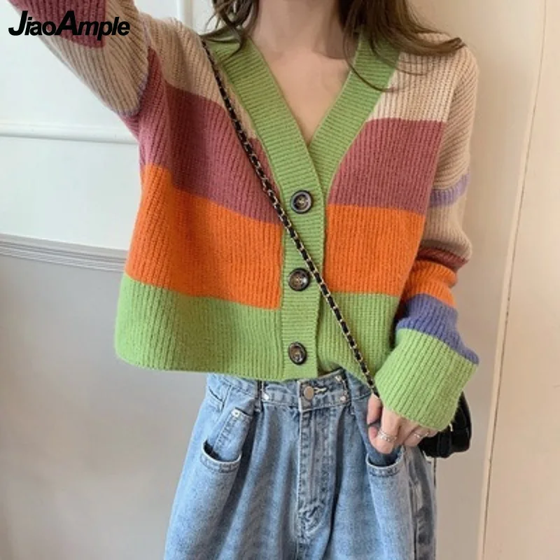 

2021 Autumn Winter New Women Sweater Coats Student Casual Loose V-Neck Patchwork Cardigan Tops Lady Fashion New Short Outerwear