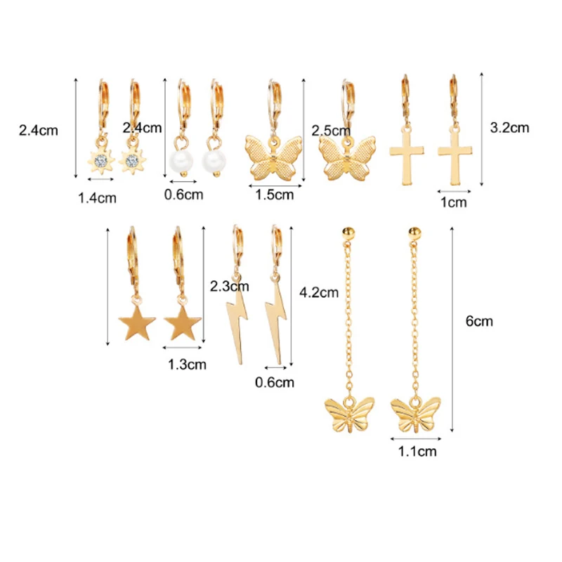 

7 Pairs Cute Crystal Butterfly Cross Star Pendant Earrings For Women Girls Gold Metal Huggies Hoop Earring Piercing Ear Jewelry