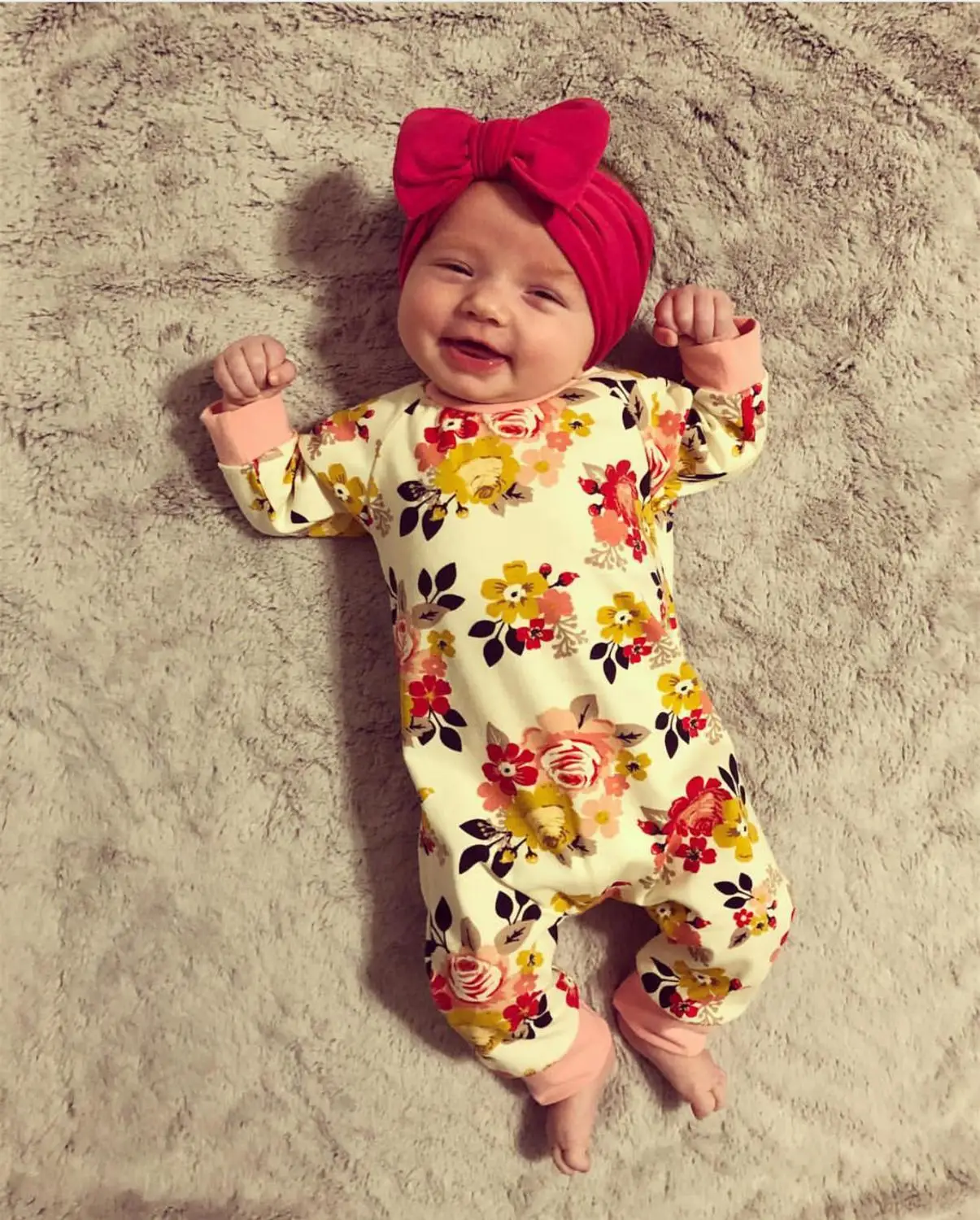 Осенний комбинезон для новорожденных девочек повседневный цветочный с длинным