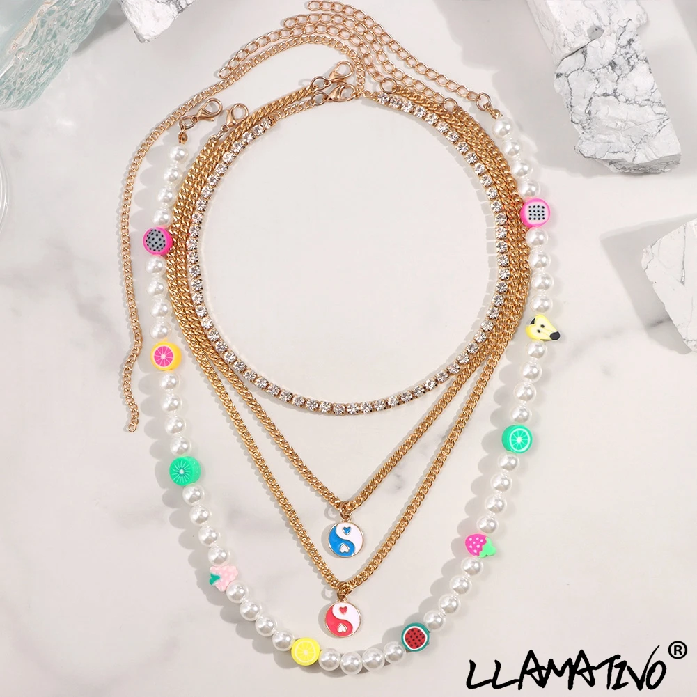 

Multi-layer Enamel Yin Yang Candy Color Fruit Bead Pearl Beaded Necklace For Women Girls Fashion Crystal Chain Necklaces Jewelry