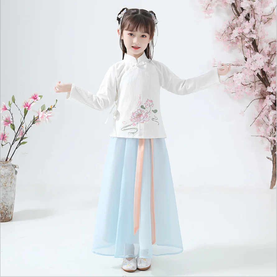 

Традиционные китайские костюмы Hanfu для девочек, старинный ретро костюм Тан, новый год, Ципао для танцев кимоно, одежда для малышей