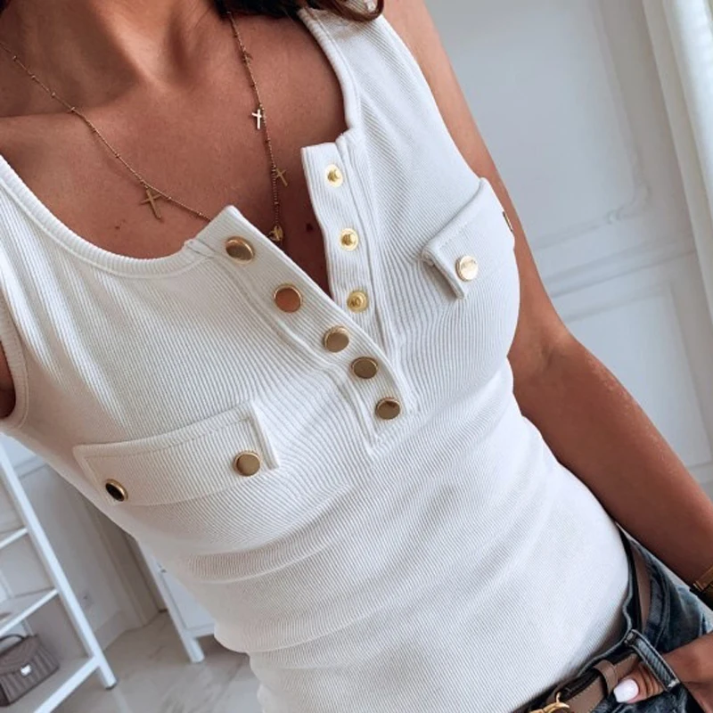 

Women Tank Top Slim Fit Button Tops Solid Color Sexy Vest V-neck 2021 Casual Summer Sleeveless T-Shirt Women Cotton Tank Clothes