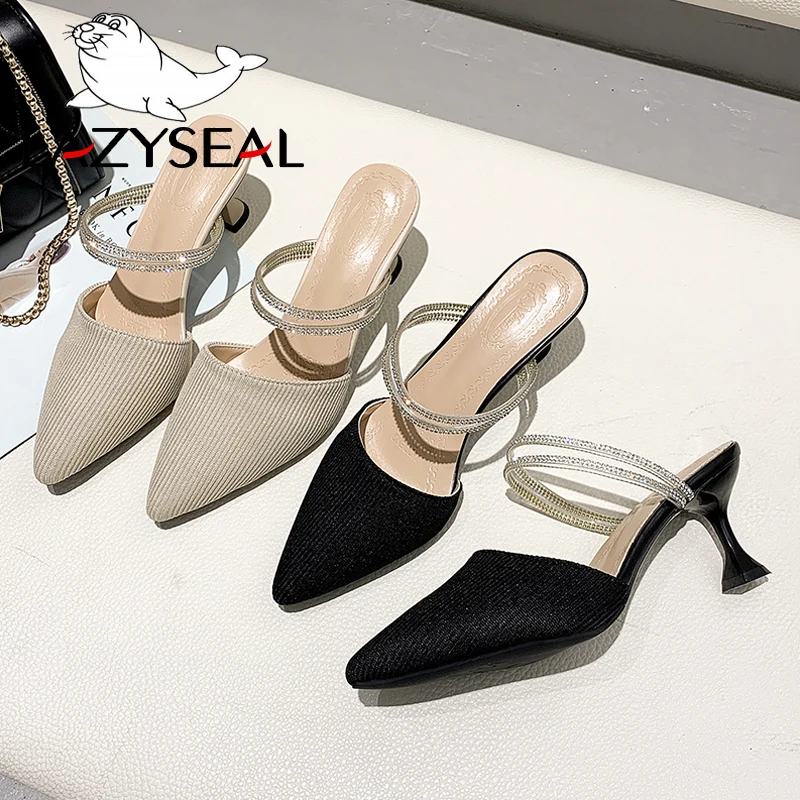 

LazySeal 6.5cm Thin Heels Summer Slides Women Slippers For Ladies Crystal Pointed Toe Stretch Fabric Mules Shoes Woman Shoes