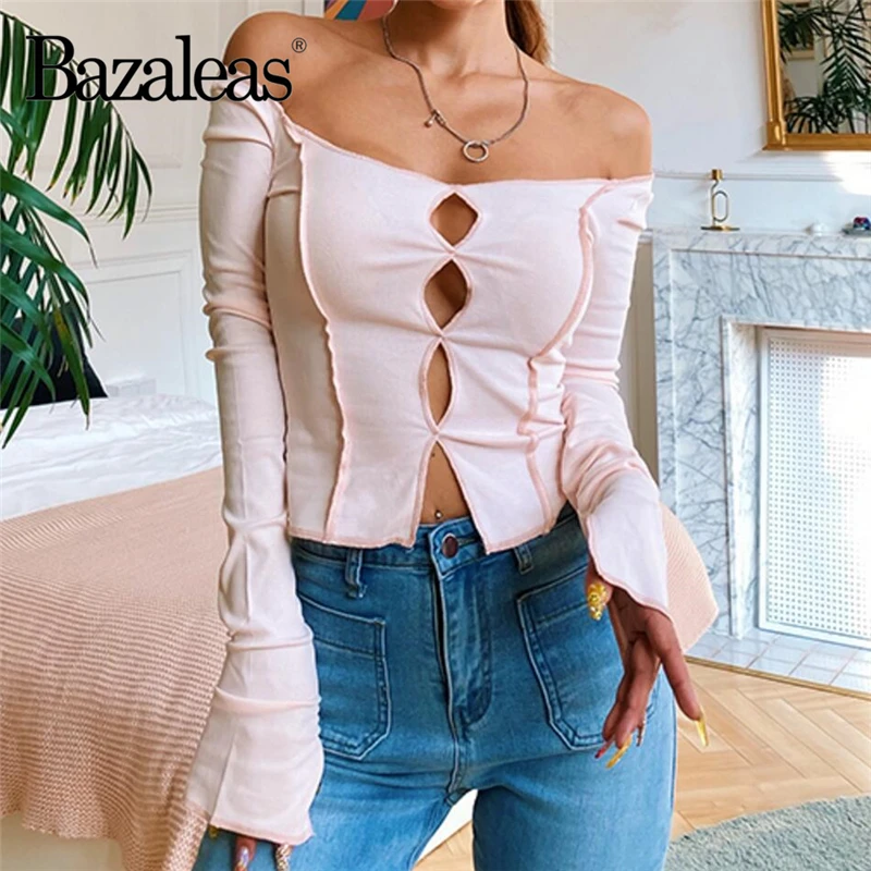 Bazaleas harajuku вязанный кардиган с открытыми плечами открытая футболка сексуальная