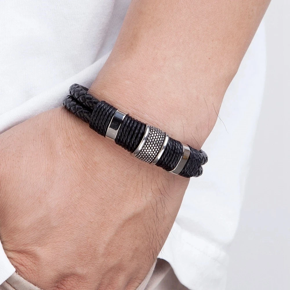 

Creative Fashion Unisex Titanium Steel Double Layer Leather Rope Woven Magnetic Buckle Punk Hot Sales Bracelets Accessories Gift