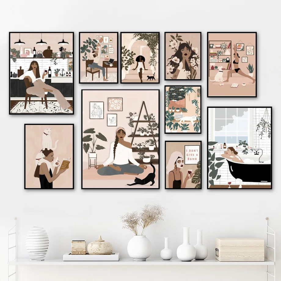 Абстрактная Мода Девушка отдых для йоги чтение напиток Bathe скандинавский плакат